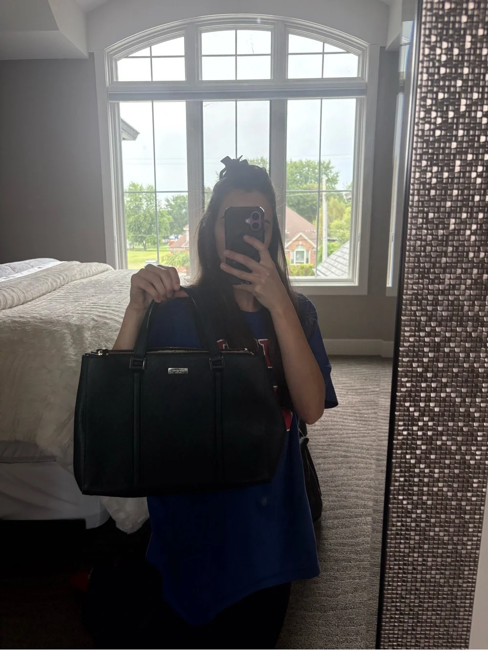kate spade black saffiano tote with gold accents